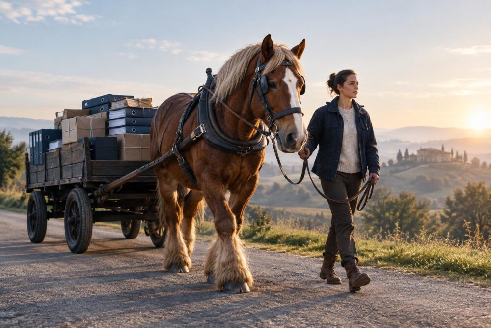 Un cavallo imbrigliato traina un carro di documenti guidato da una persona che tiene le redini, metafora di un agente AI supervisionato.