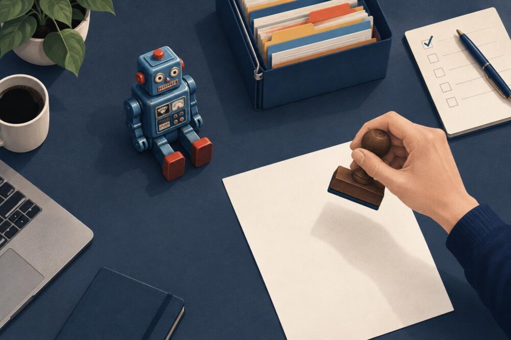 Robot giocattolo su una scrivania accanto a un raccoglitore e una mano umana con un timbro, metafora del controllo umano sull'intelligenza artificiale.
