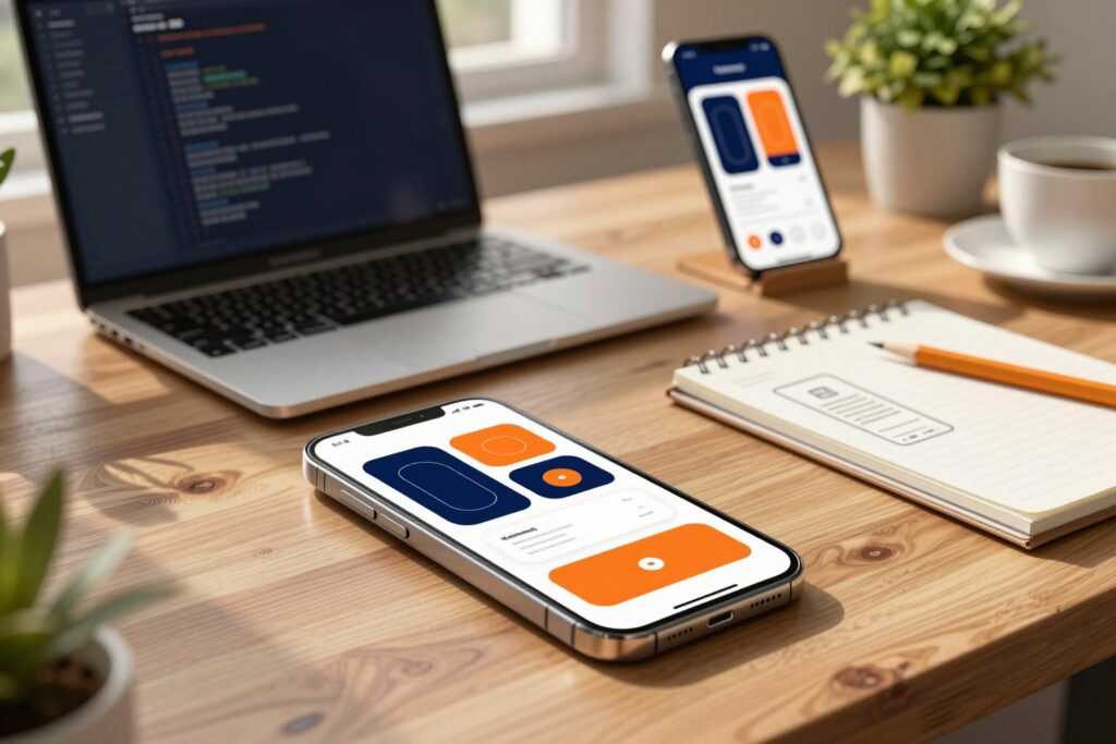 Smartphone su una scrivania con l'interfaccia di un'app, accanto a un portatile con il codice e uno schizzo dell'app su un quaderno