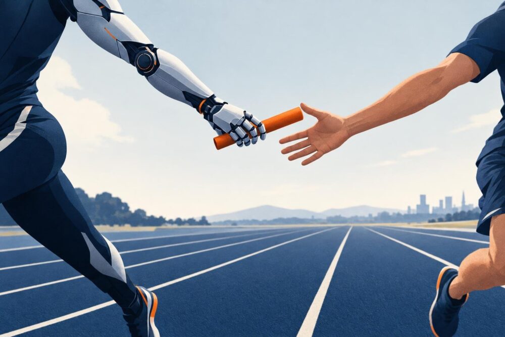 Un braccio robotico passa il testimone a una mano umana durante una staffetta, metafora del passaggio dall'AI all'operatore.