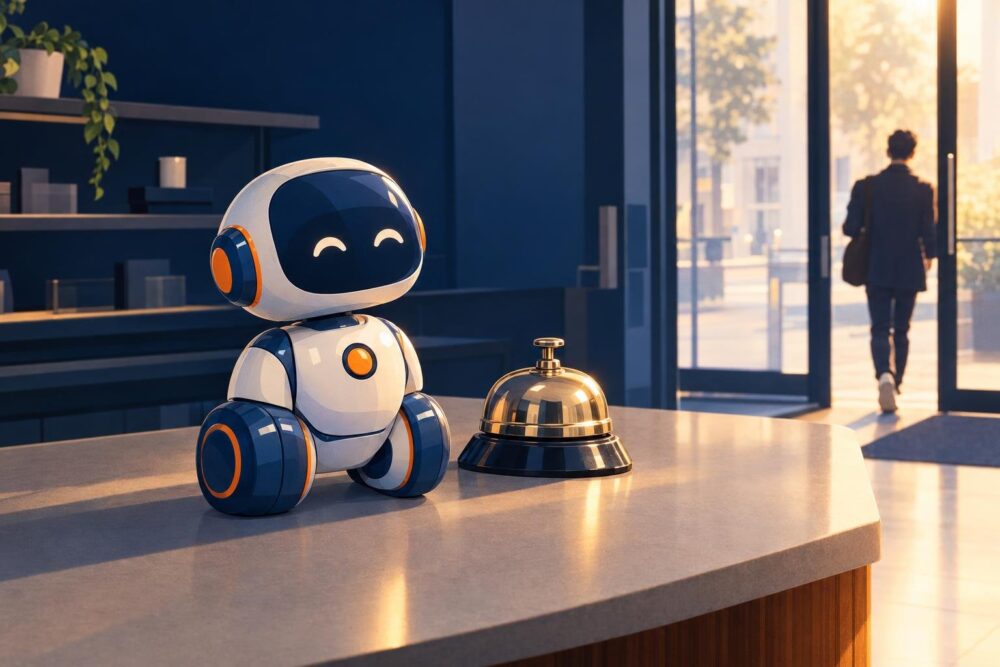 Un robot giocattolo su un bancone di negozio mentre un cliente esce dalla porta, metafora di un chatbot inutile sul sito.
