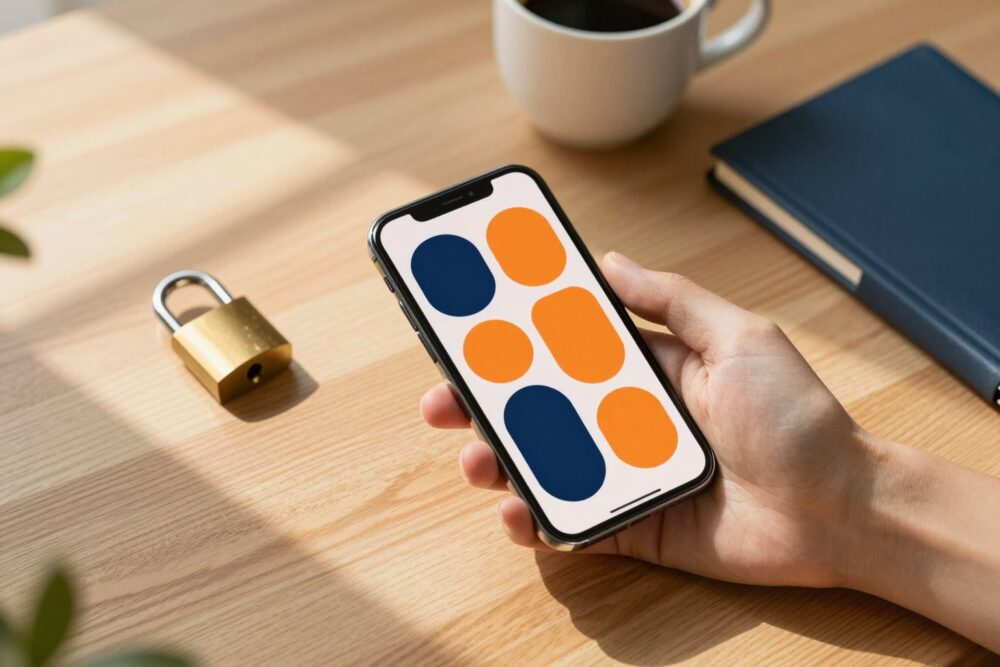 Una mano tiene uno smartphone con poche app semplici, accanto a un lucchetto, una tazza di caffè e un quaderno